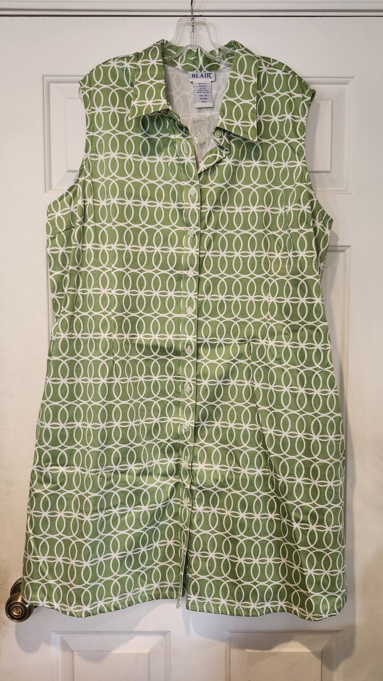 BLAIR 2XL Women's Sleeveless Dress Green White Geometric Circle Pattern #209